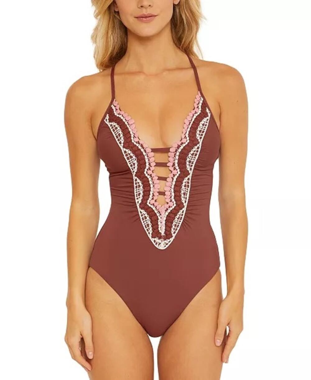 Becca Delilah Brown Plunge Neck Crochet One Piece Swimsuit Size Small